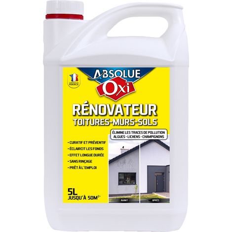 Centrale Brico – Préparation OXI rénovateur pour toitures, murs et sols 5L – Antimousse curatif et préventif – Triple action décontaminante