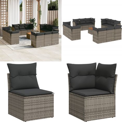 13-tlg. Garten-Sofagarnitur mit Kissen Grau Poly Rattan - Gartenmöbel Set - PE-Rattan Möbel - Outdoor Sofa - Esstisch - Lounge Set - Home & Living (1/5)