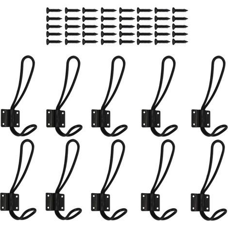 Packung mit 10 rostfarbenen Eingangshaken – schwarze Wandhaken mit 40 Metallschrauben, Vintage-Doppelhaken (1/5)