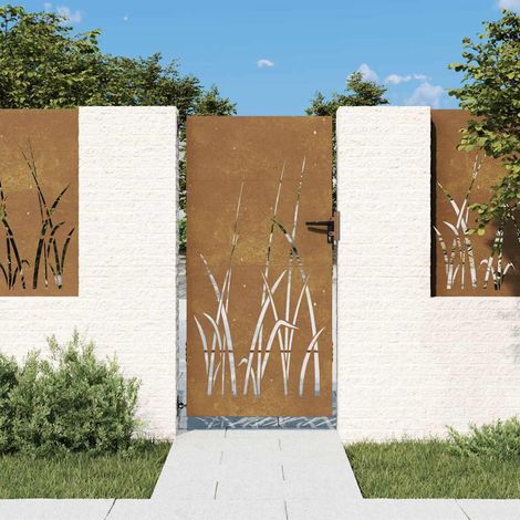 Portail de jardin-Portillon de jardin 85x175 cm acier corten conception d'herbe (1/5)