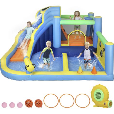 Château trampoline piscine à balles gonflable souffleur 8 en 1 parc aquatique toboggan, multicolore, oxford (1/5)