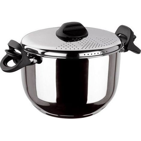 Marmite à pâtes INOXIBAR inox 24 cm avec couvercle passoire induction bouton noir (1/4)