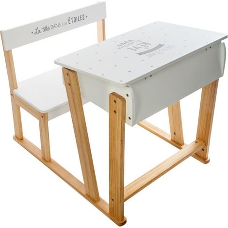 Atmosphera – Bureau enfant pupitre d'écriture 63,5 cm – MDF et bois pin – Finition blanche et naturelle – Pour activités d'écriture et dessin (1/4)