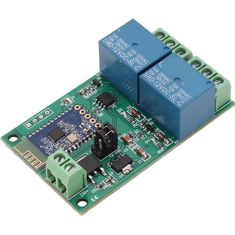 Module relais 2 canaux avec carte Bluetooth, commande à distance via application et indicateur lumineux, alimentation 12 V CC. (1/5)