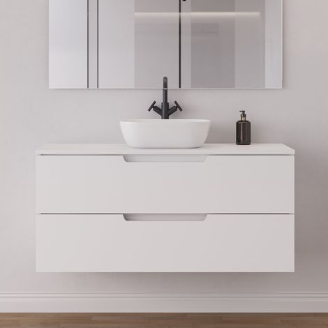 Meuble de salle de bain 120cm avec plateau et vasque à poser arrondie - 2 tiroirs - sans miroir - blanc mat - SONRIZA (1/5)