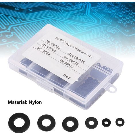 Rondelles plates en nylon M2-M6, lot de 500 pièces, boîte de rangement, noir, pour bricolage et réparation (1/5)