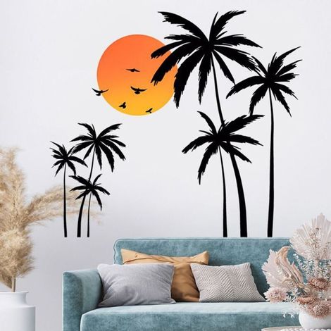Grande adesivo murale nero con palme e uccelli tropicali, ideale per il soggiorno o la camera da letto. (1/5)