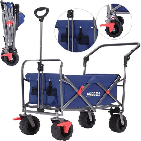 AREBOS carro plegable con 2 bolsillos de red frenos del tras barra telescópica azul