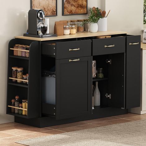 Buffet moderne avec plusieurs tiroirs, meuble de rangement avec compartiment poubelle et étagère à épices extérieure pour salle à manger, salon et cuisine (noir)
