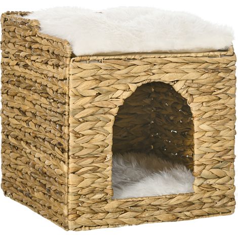 Niche chat 2 étages avec 2 coussins en fibres de jacinthe d'eau - 37,5 x 37,5 x 41,5 cm marron crème (1/5)