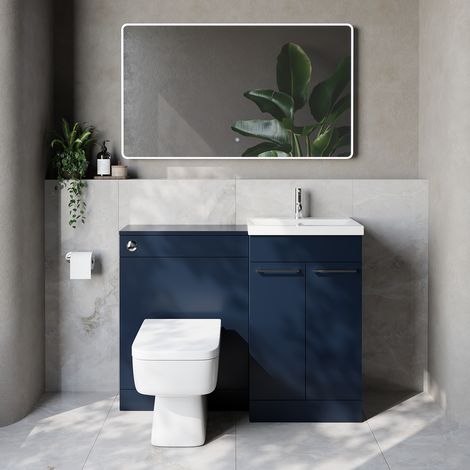 Napoli 390 Cento Deep Blue 1100mm 2 Door Vanity Unit Toilet Suite with Glide Basin - 1100mm - Chrome 160mm HandleWith Kingston Toilet Pan and Seat