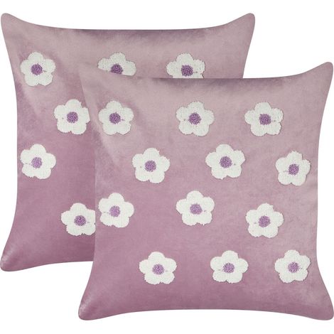 Set di 2 cuscini in velluto lilla ricamati con motivo a fiorellini 45 x 45 cm Echinacea