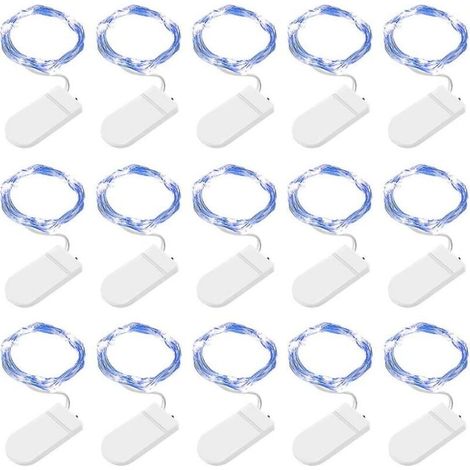 Guirlande lumineuse LED, paquet de 15, 2 m, 20 guirlandes lumineuses à piles, fil de cuivre (bleu) (1/4)