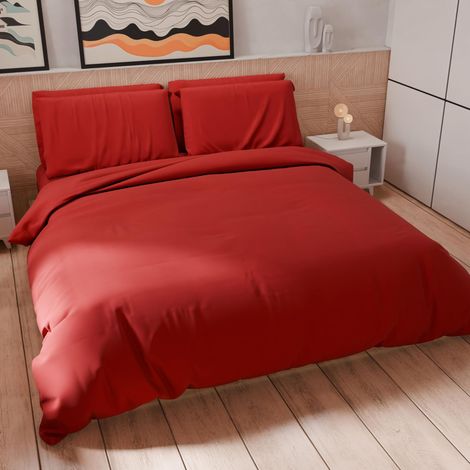 Set Housse de Couette 200x200 cm 1 Taie d'oreiller 50x80 cm Incluse, Parure de Lit Microfibre 1/2 Personnes Douce Rouge (1/5)