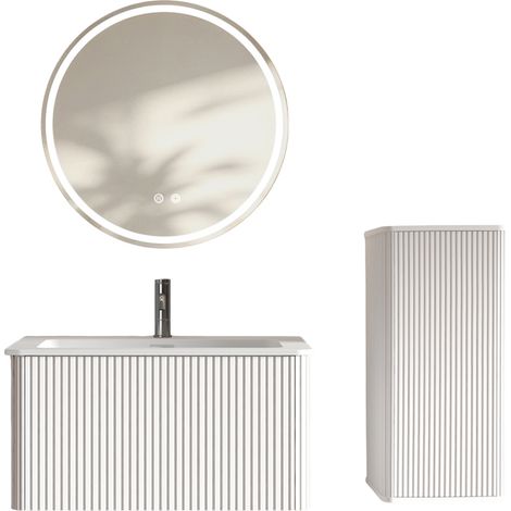 Meuble salle de bain avec vasque et miroir LED rond, meuble suspendu 80 cm, rangement moderne avec colonne, blanc, pour petit espace CHICFURN (1/5)
