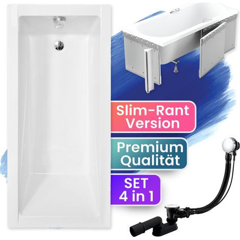Badewanne Rechteck 180x80 mit Styroporverkleidung, Ablaufgarnitur & Füßen GRATIS - Komplettset 4in1 Original Acryl Wanne Siphon - BADLAND MODERN SLIM (1/5)