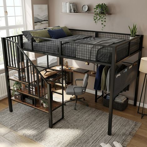 Cama alta 140x200 cm de metal negro con escritorio esquinero en L, sin colchón – MEUBLIV (1/5)