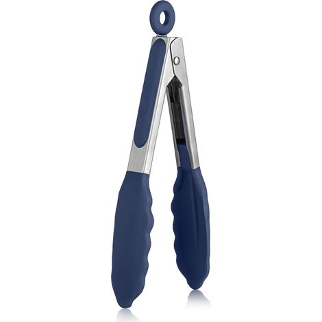 18 cm 315 ℃ Pince de cuisine en silicone résistant à la chaleur avec embouts en caoutchouc antiadhésif hermétiquement scellés et poignée en acier revêtue de silicone pour servir (Bleu nuit) (1/5)