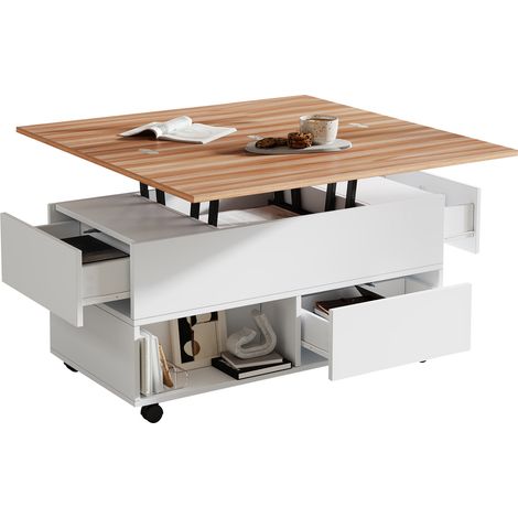 Table basse 100x50x52 cm avec 4 roulettes, table de salon multifonction avec 4 tiroirs, relevable et réglable en hauteur, utilisable comme table basse, table d’appoint et table à manger, blanc + bois (1/5)