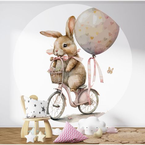 Papier peint rond / cercle Enfants - Lapin en Vélo - Diamètre 50 cm (1/3)