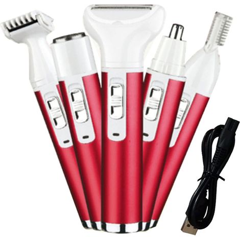 Rasoir électrique pour femmes : épilation du corps, tondeuse à poils du nez, rasoir pour le visage, sourcils, jambes, aisselles, maillot, zone pubienne. Sans douleur, rechargeable et portable. Kit de (1/5)