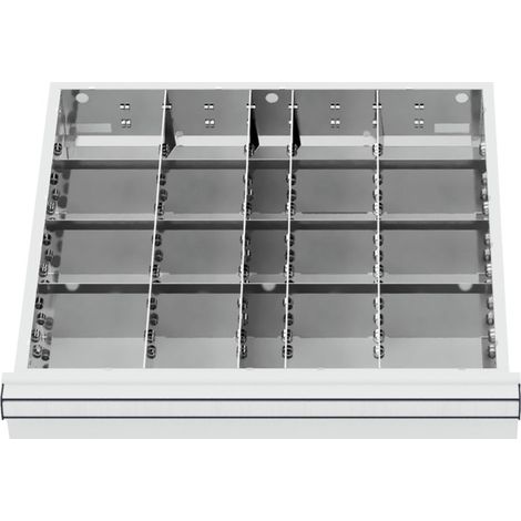 Compartimentage de tiroir STIER, séparations en métal, BLH 100/125 mm, dimensions intérieures 500x450 mm, 20 casiers, 6 x TW 125