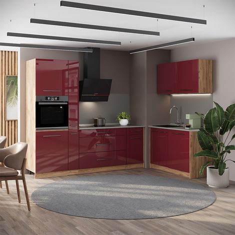 Küchenzeile Fame-Line, Bordeaux Hochglanz/Goldkraft Eiche, 220 x 120 cm ohne Arbeitsplatte, Vicco (1/5)