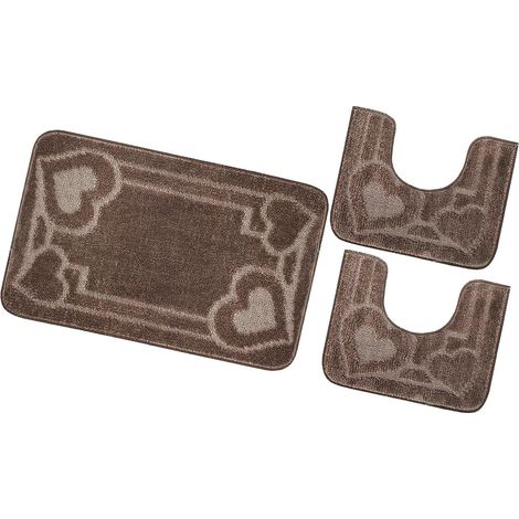 Tappeto Bagno Set 3 Pezzi Tinta Unita Antiscivolo Assorbente Camera Letto 100% Made In Italy - Marrone