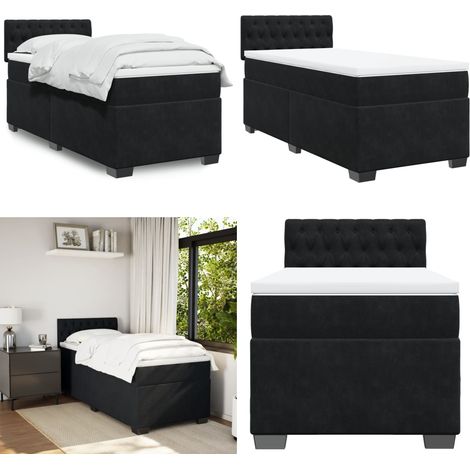 Cama box spring con colchón terciopelo negro 80x200 cm - Colchón de muelles ensacados - Cama de muelles