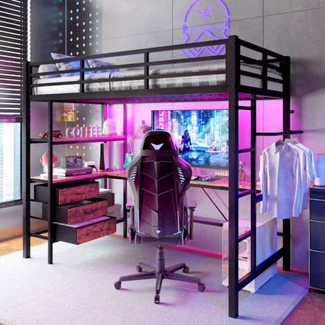 Lit mezzanine enfant 90x200 cm avec LED,bureau,prise électrique + port USB,3 tiroirs,étagères,lit superposé,cadre de lit mezzanine 1 place,Noir