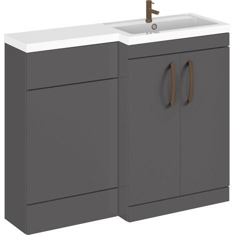 Balterley Right-Hand Bathroom Vanity and WC Unit Combination with Basin - 1100mm - Gloss Grey with Brushed Bronze Handles