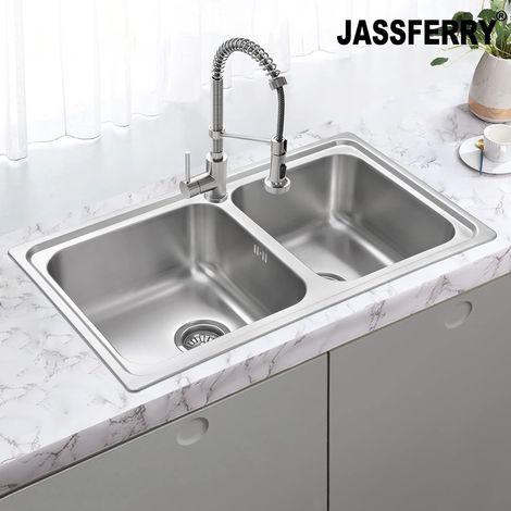 JASSFERRY Brilliant Stainless Steel Kitchen Sink 1.5 Two Square Bowl Rome Design with Strainer Waste, 860 X 500 mm