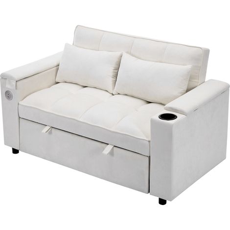 ELVMI Sofá cama con Respaldo Ajustable, USB, Mesa Oculta, Portavasos, Tela Beige 140.5 x 74 x 82 cm (1/5)