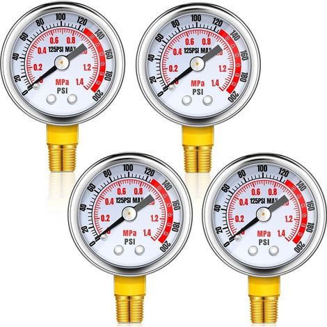 Lot de 4 manomètres d'air NPT mâles de 1/8" - Montage latéral inférieur - Cadran de 4,9 cm - Jauge de compresseur d'air - Argent (1/5)