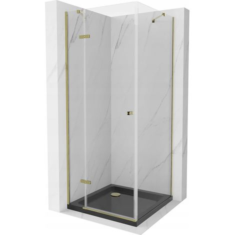 Mexen Roma cabine de douche pivotante 90 x 90 cm, transparente, or + receveur Flat, noir - 854-090-090-50-00-4070G (1/5)