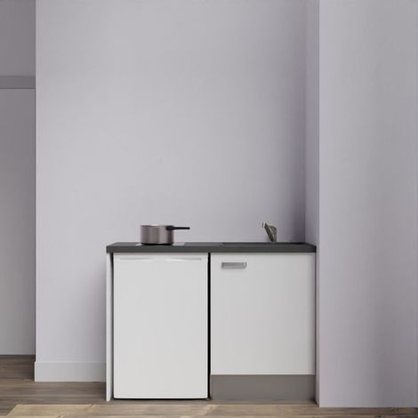 Kitchenette K08L-PT - 120 cm avec plan de travail et évier - emplacement frigo - Façade Blanc - Plan Noir texturé - Evier Inox - Crédences Non