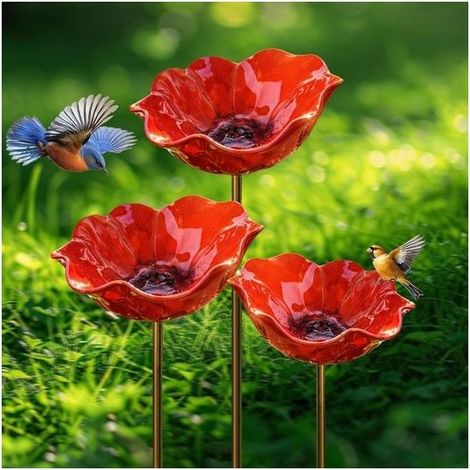 Lotto di 3 ciotole per l'acqua degli uccelli, 15 x 15 x 60 cm, alimentatore e la decorazione del giardino in lega, forma di fiore elegante per esterno (1/5)
