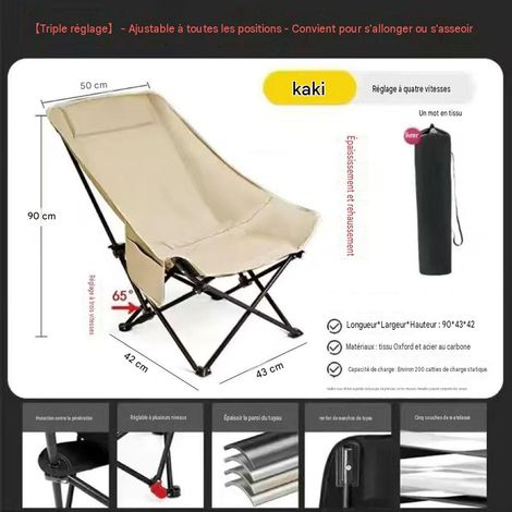 Chaise Pliante de Camping Réglable 3 Positions – Fauteuil Extérieur Dossier Haut, Toile Droite pour Camping, Jardin et Plage 1 Pièce, Kaki (1/5)