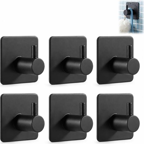 Pack of 6 Self-Adhesive Wall Hooks for Bathroom and Kitchen - Waterproof - Towel Hooks and Clothes, Self-Adhesive Stainless Steel Coat Racks, Black (1/5)