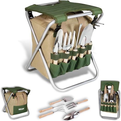 Tabouret de Jardin Pliable Ensemble d'outils Sac de Rangement avec Fermeture éclair Comprend 5 Outils avec télécommande en Bois, Marron (1/5)