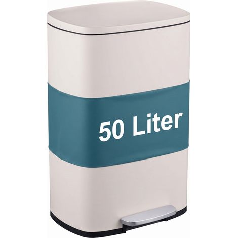 Relaxdays Mülleimer, 50 Liter, Küche, entnehmbarer Inneneimer, Fußpedal, Softclose, Edelstahl, Tretmülleimer, beige