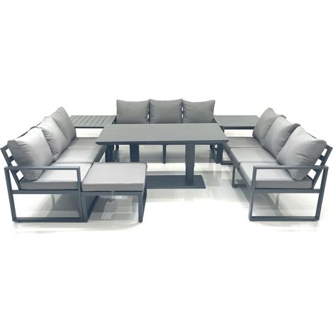 Fimous 10 Seater Garden Sofa Set Aluminium Furniture Rising Dining Tabe Set with 2 Side Tables Big Footstool Dark Grey (1/5)