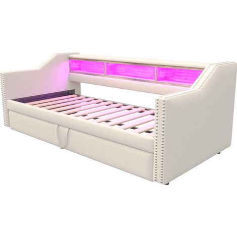 Lit banquette escamotable 90/180 x 190 cm en lin beige avec LED, USB et rangement, MODENUIT (1/5)