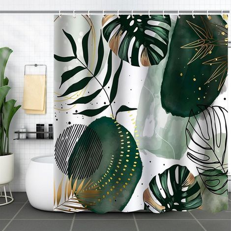 Rideau de douche boho 180x180 cm, motif abstrait feuilles tropicales vertes, style rétro moderne géométrique minimaliste, décoration artistique pour salle de bain, tissu imperméable. (1/2)