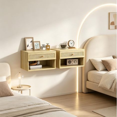 Lot de 2 tables de chevet murales suspendues en panneau de particules, bois clair, avec tiroir, niche ouverte et tablette, rangement 3 espaces, charge totale 10 kg – CHICFURN (1/5)