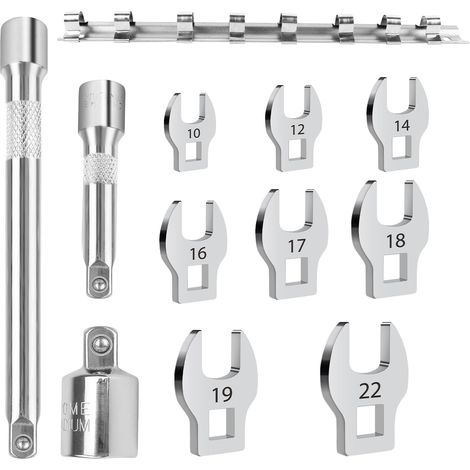 Lot de 11 clés à pied d'oie - Têtes métriques argentées - 10 mm/12 mm/14 mm/16 mm/17 mm/18 mm/19 mm/22 mm - Clés à écrou évasées remplaçables pour fixations avec outils à manchon (1/5)