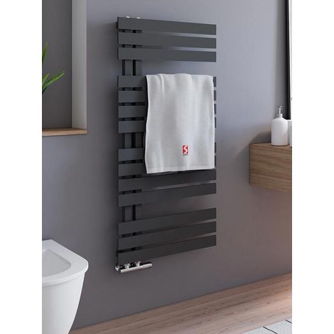 Schulte Badheizkörper Breda, flacher Designheizkörper mit seitlich versetztem Mittelanschluss, Stahl pulverbeschichtet in Pearl Schwarz, 106 x 50 cm (1/4)