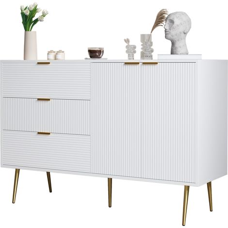 Buffet, avec tiroirs, avec portes, avec étagères, pour salon, étagères intérieures, commode avec poignées et pieds dorés