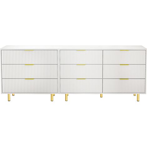 Meuble modulaire à 9 tiroirs blanc et or, rangement avec design contemporain, H72 x L200 x P40 cm (1/5)