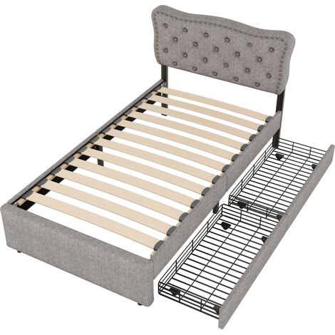 Lit capitonné 90x200 gris avec tiroirs, tête de lit réglable et clous décoratifs, cadre en lin pour chambre adulte ou enfant. (1/5)